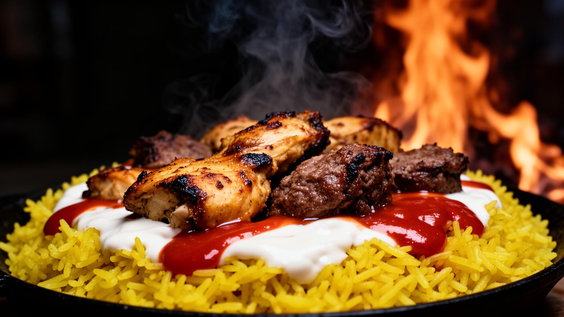 Flame-grilled halal chicken and lamb over saffron rice